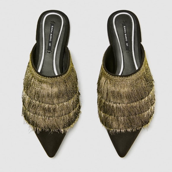 Zara Shoes - ZARA FLAT GOLD MULES WITH FRINGE FLAPPER SLIP ON
